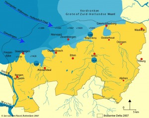 1000 AD DE zee dringt ver het land in. Op de zandgronden zijn de afwateringsbeken aangegeven