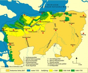 Inpolderingen vinden vooral NW van Steenbergen en rondom Moerdijk plaats