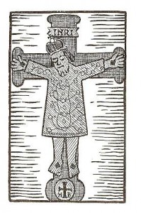 Het koningscrucifix weergegeven in de Heilig Kruis Ommegang van C Slootmans (maker lino niet vermeld)