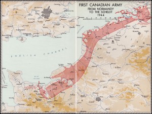 De opmars van het Canadese leger vanaf Juno Beach benoorden Caen in Normandië