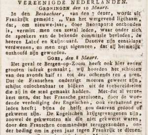 In de Arnhemse Courant van 19 maart 1814 wordt melding gedaan van hetgeen men tot in Goes van de strijd vernam.