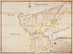 Een kaart van de heerlijkheid Noordgeest uit 1747 door H Adan. Ter orientatie is een aantal hedendaagse (hoofd)wegen er overheen geprojecteerd. De rode punt is het vertrekpunt van de excursie: MCD winkelcentrum. 