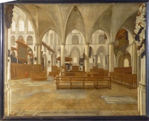 Het interieur van de Gertrudiskerk ca 1650-1670 door Daniël de Blieck. Rechts is de onderbouw van het toen aanwezige Niehoff orgel zichtbaar. Het ging in 1747 met bijna de gehele kerk ten onder. Schilderij in gemeentearchief Bergen op Zoom