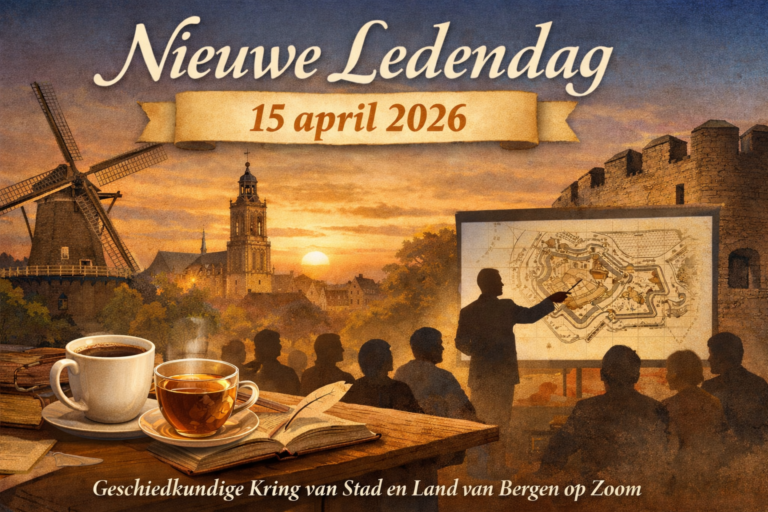 Aankondigingsafbeelding Nieuwe Ledendag 15 april 2026 met historisch Bergen op Zoom, presentatie en publiek