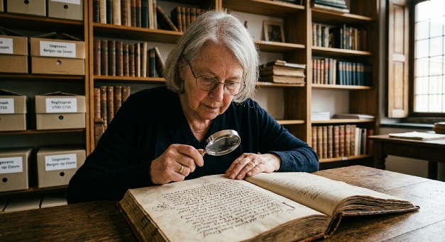 Een vrouw bekijkt een 17e-eeuws handgeschreven document van dichtbij met een vergrootglas.