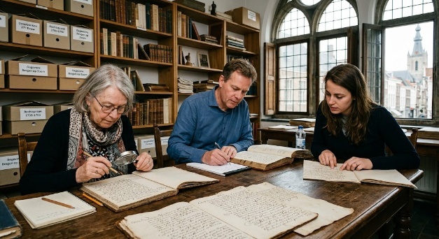 Drie mensen bestuderen en transcriberen oude manuscripten aan een houten tafel in een historisch archief.